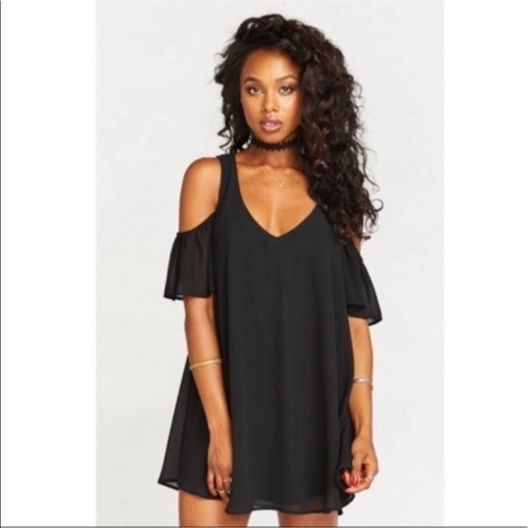SHOW ME YOUR MUMU Birdie Ruffle Black Cold Shoulder Chiffon Dress - Picture 1 of 5